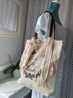 Cream Canvas Tote with Pink Ribbon & Pearl Accents
